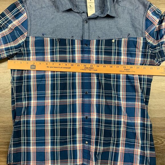 Express Shirt Mens XL Chambray Plaid Western Snap Red White Blue Cowboy Preppy - Picture 4 of 6